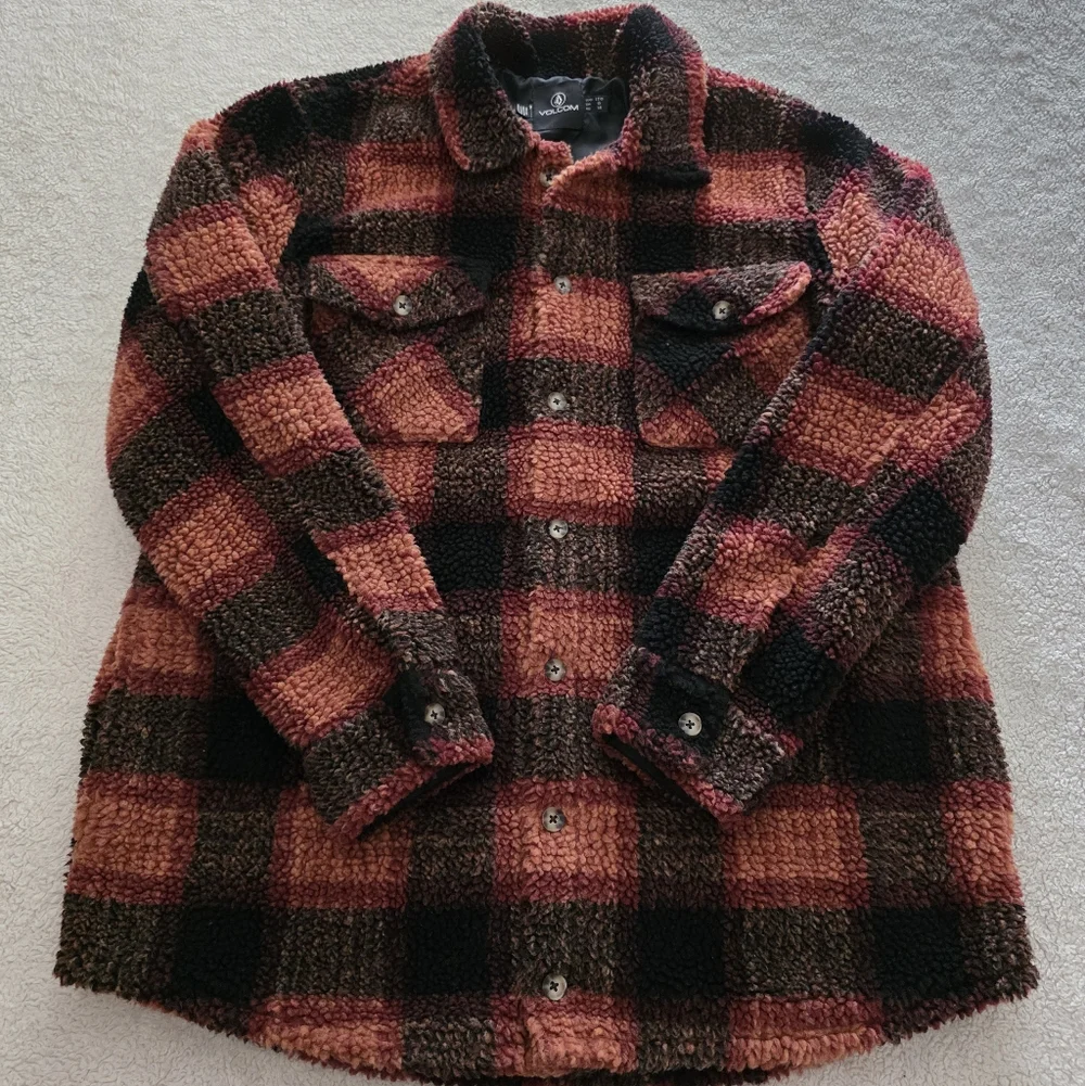 Volcom Silent Sherpa Jacket, Women's Size Large, EUC - Multicolor Plaid - Picture 1 of 10